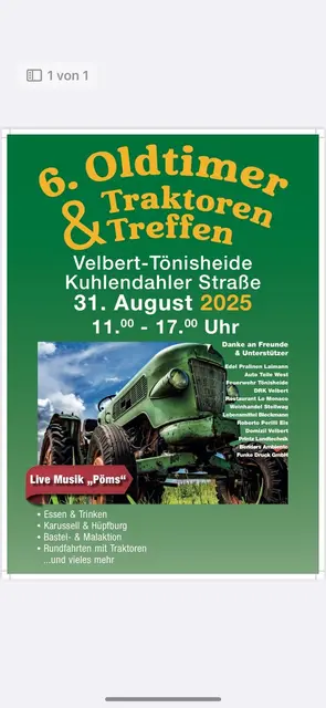 6. Oldtimer & Traktorentreffen in Velbert Tönisheide am Sonntag, den 31.08.2025