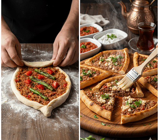 Türkisches Pide mit Hackfleisch-Feta-Füllung (Kıymalı Pide)