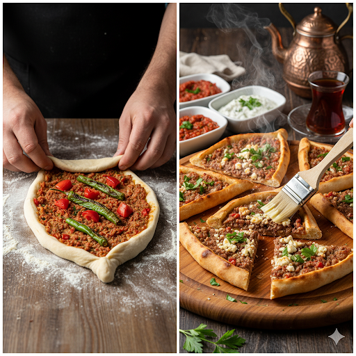 Türkisches Pide mit Hackfleisch-Feta-Füllung (Kıymalı Pide)