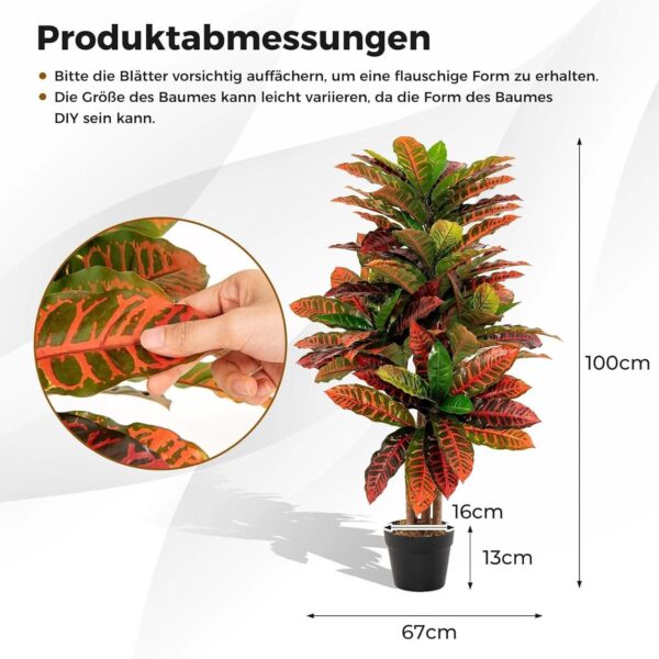 Künstlicher Kroton-Baum (100 cm) – bunt, naturgetreue Kunstpflanze im Topf – Bild 5