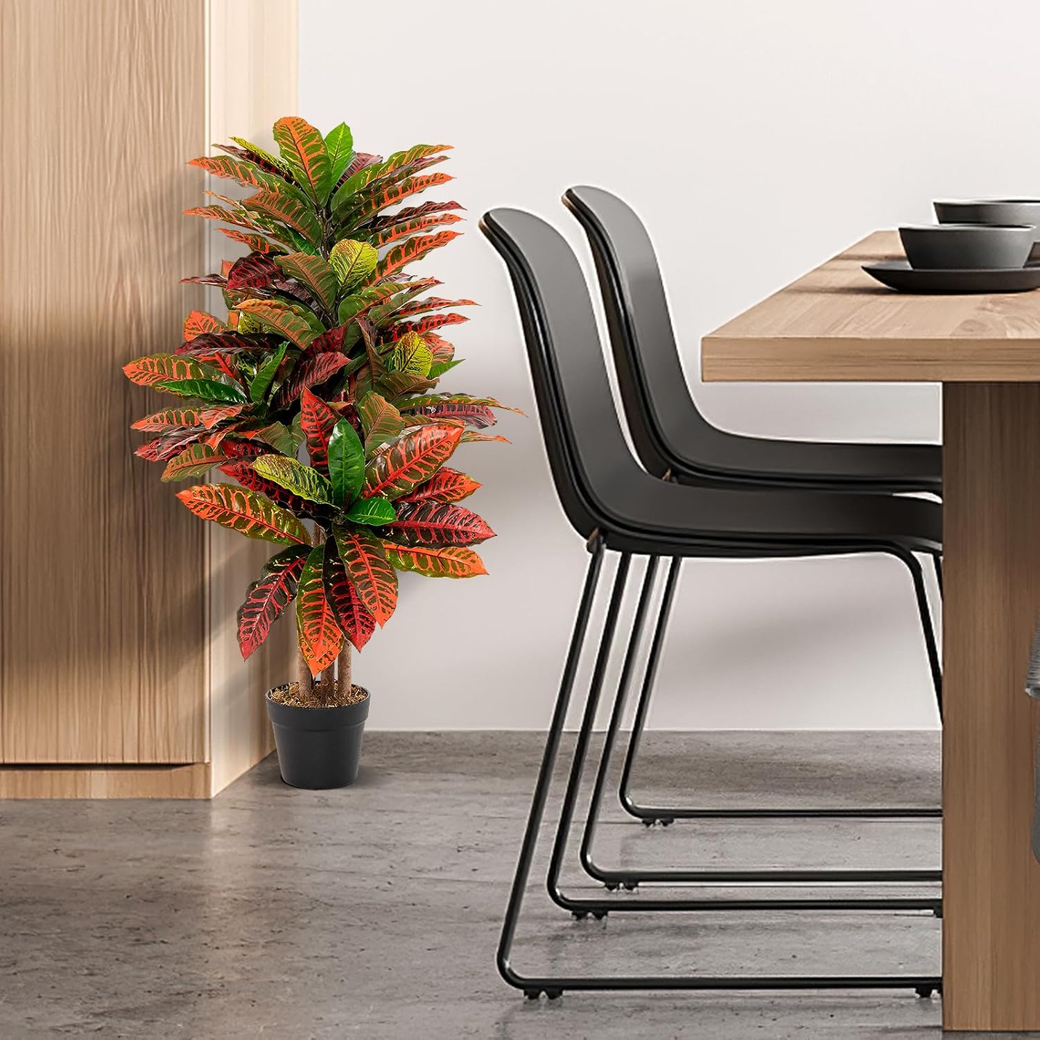 Künstlicher Kroton-Baum (100 cm) – bunt, naturgetreue Kunstpflanze im Topf - Green+Red+Yellow+Black