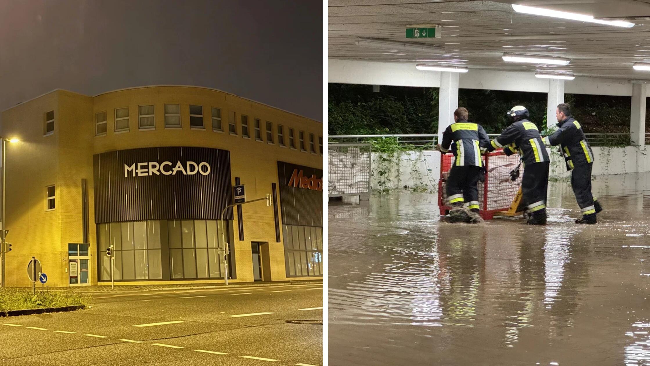 Feuerwehr im nächtlichen Großeinsatz: Tiefgarage des Mercado Nürnberg überflutet