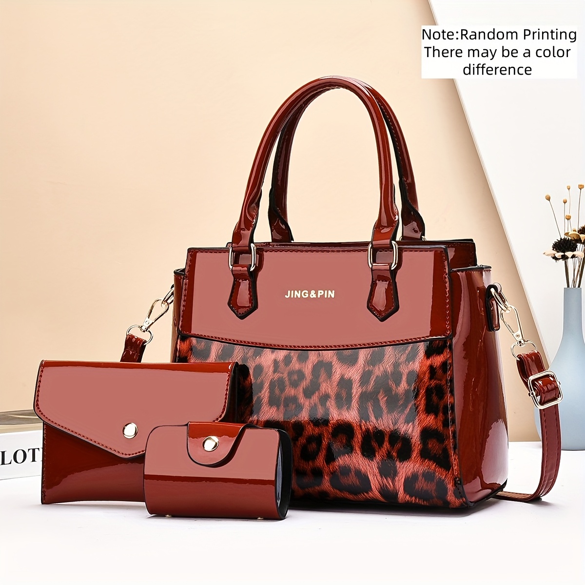 3-teiliges Handtaschen-Set im Lagenlook mit Leo-Print