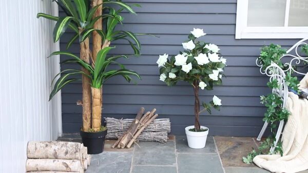 Künstlicher Rosenbaum (90 cm) – mit 21 weißen Blüten, im Topf – Bild 4