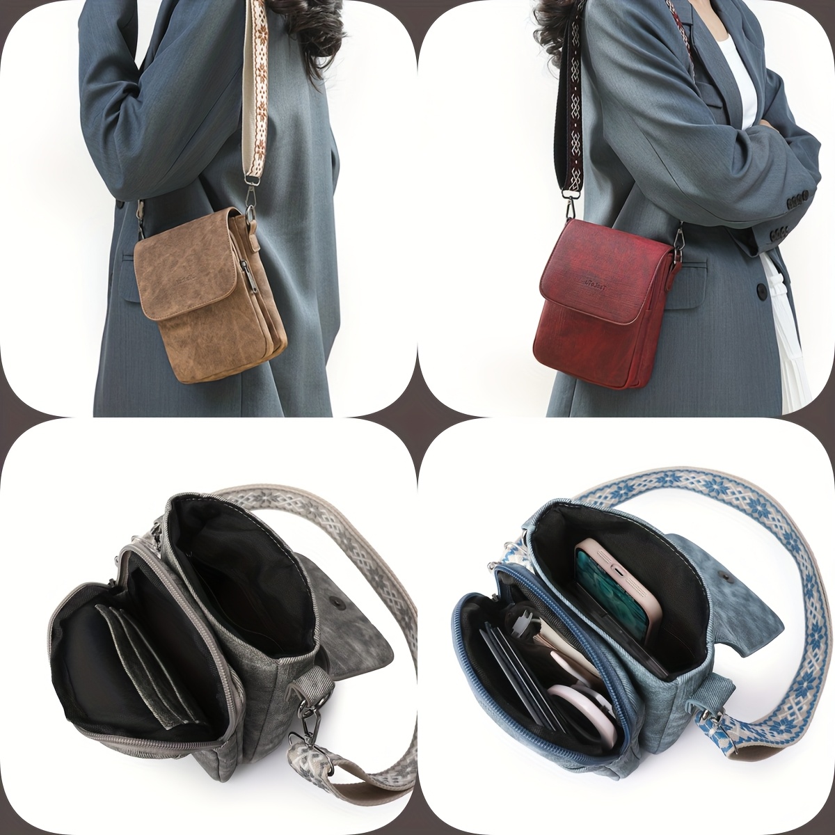 Vintage Umhängetasche für Damen in Dunkelgrau – Kompakte Schultertasche mit breitem Gurt