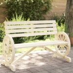 Gartenbank aus Holz-2-Sitzer-rustikal-mit-Wagenrädern