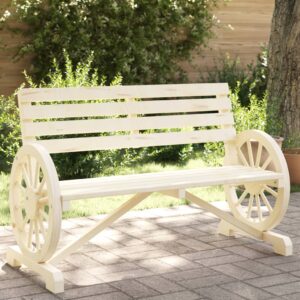 Gartenbank aus Holz-2-Sitzer-rustikal-mit-Wagenrädern
