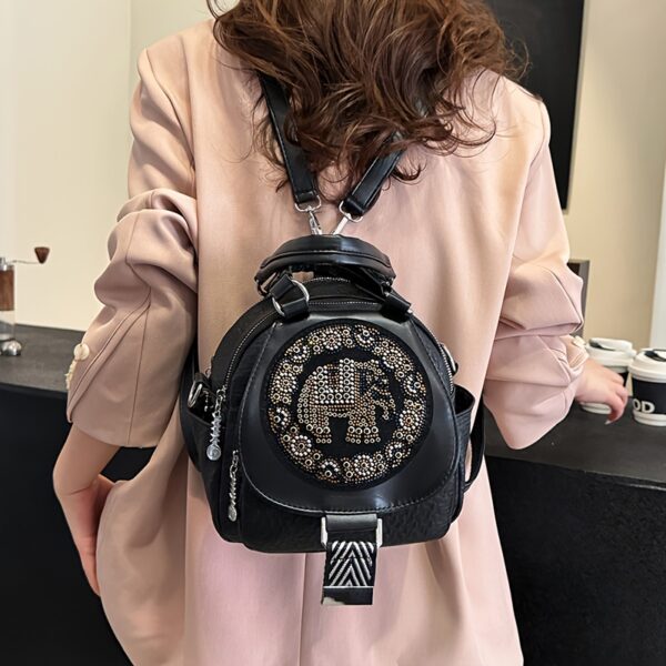 Schwarzer Vintage-Rucksack mit glitzernder Elefanten-Verzierung – 3-in-1 Tasche – Bild 4