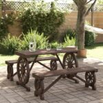 Sitzgruppe, Essgruppe, Gartengarnitur, Gartenmöbel, Picknicktisch, Tisch, Bänke, Holz, Massivholz, Kiefernholz, rustikal, Wagenrad, Western-Stil, Landhausstil, Outdoor, 3-teilig
