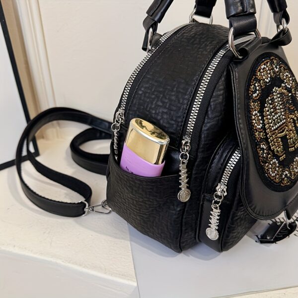 Schwarzer Vintage-Rucksack mit glitzernder Elefanten-Verzierung – 3-in-1 Tasche – Bild 9