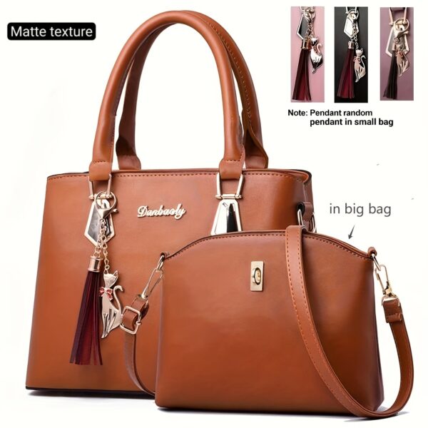 Elegantes 2-teiliges Handtaschen-Set mit Katzen-Anhänger – Bild 4