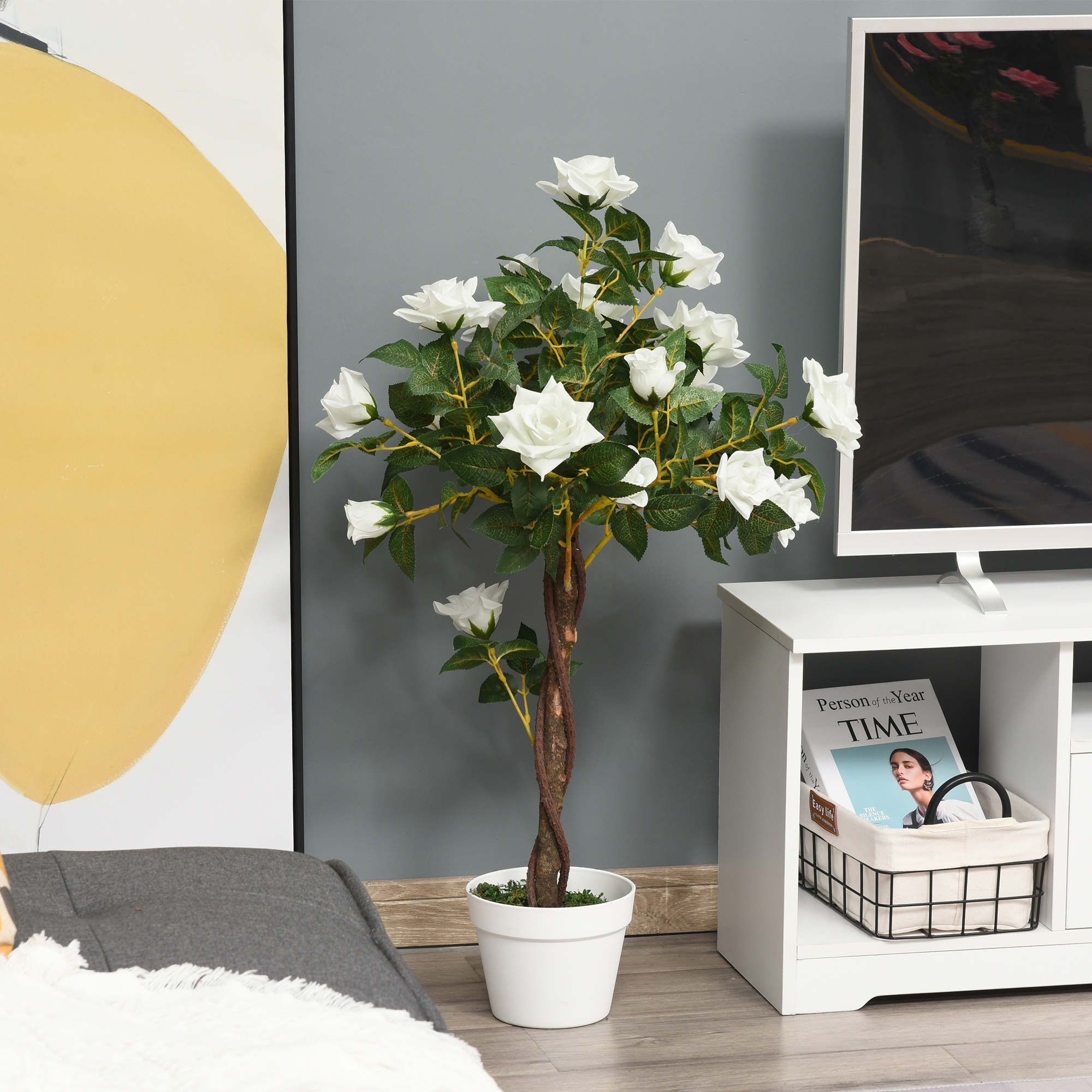 Künstlicher Rosenbaum (90 cm) – mit 21 weißen Blüten, im Topf