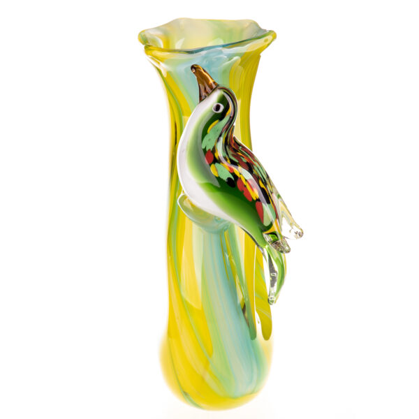 Murano Stil Glasvase mit Vogel-Gelb-Blau-28cm