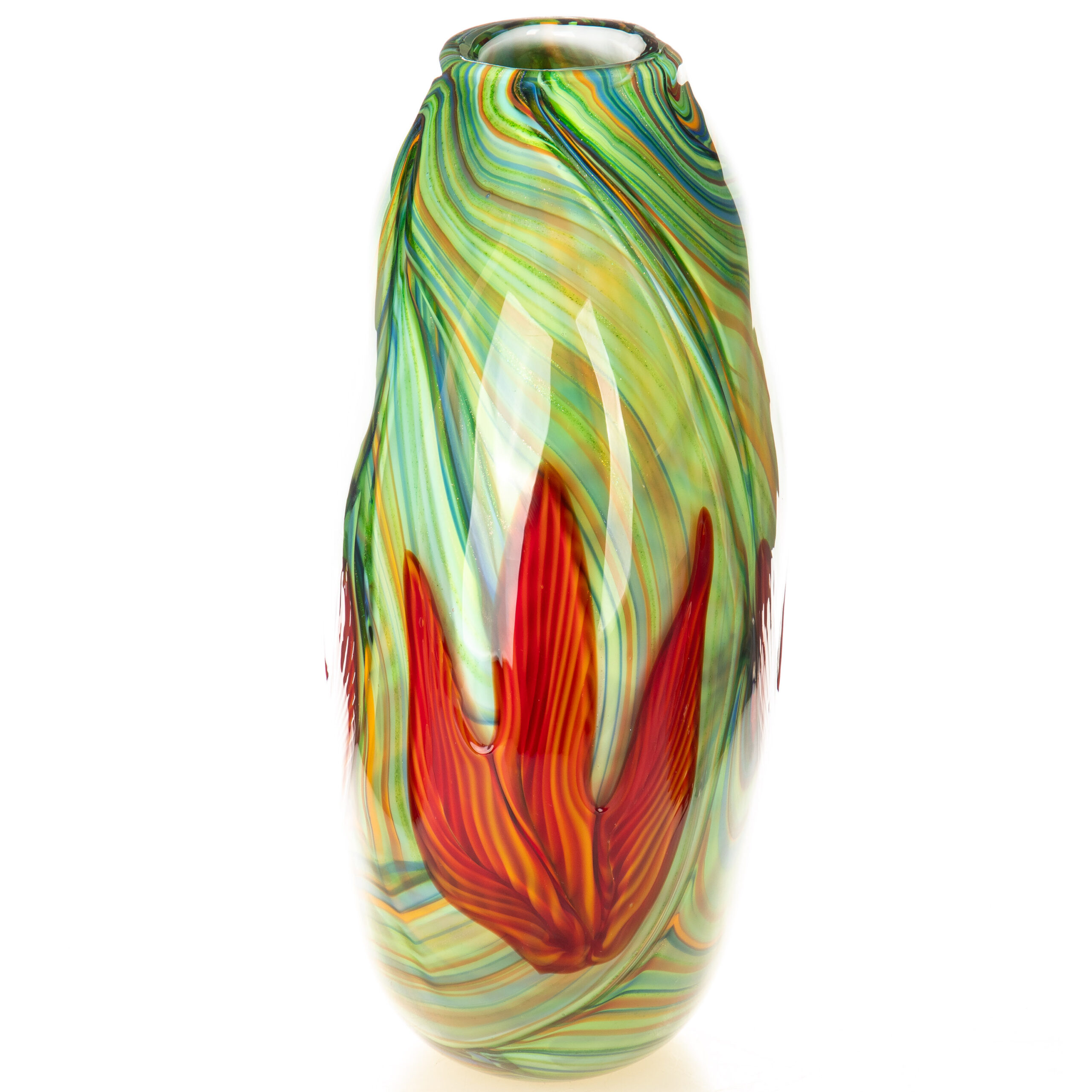 Murano Stil Glasvase-Rote Seerosen-Grün-Gelb-31cm