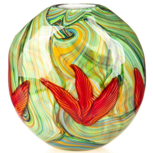 Murano Stil Glasvase-Rote Seerosen-Grün-Gelb-31cm
