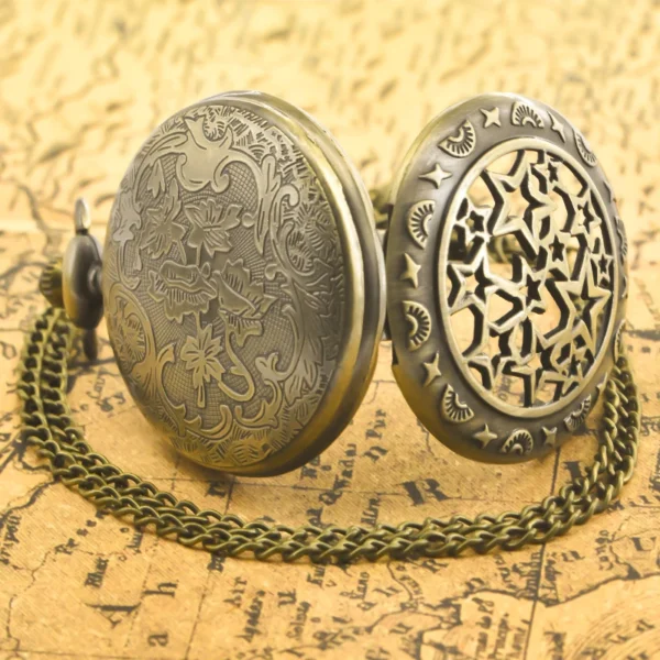 Taschenuhr mit Sternen-Motiv-Bronze-Retro-als Kette – Bild 5