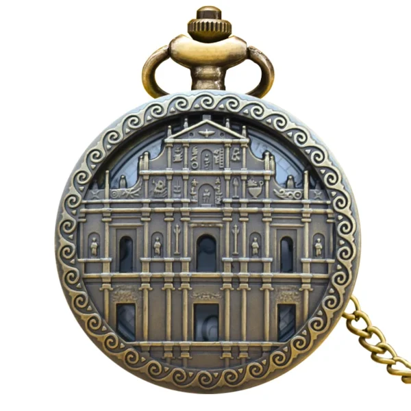 Taschenuhr St Pauls Ruinen-Macau-Motiv-Bronze-Kette – Bild 5