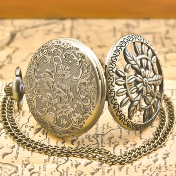 Taschenuhr mit Blumen-Motiv-Bronze-Retro-als Kette – Bild 5