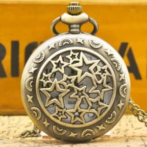 Taschenuhr mit Sternen-Motiv-Bronze-Retro-als Kette