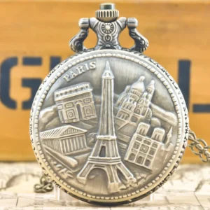 Taschenuhr Paris-Eiffelturm-Motiv-Bronze-Kette