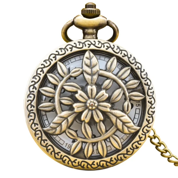 Taschenuhr mit Blumen-Motiv-Bronze-Retro-als Kette – Bild 7