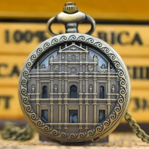 Taschenuhr St Pauls Ruinen-Macau-Motiv-Bronze-Kette