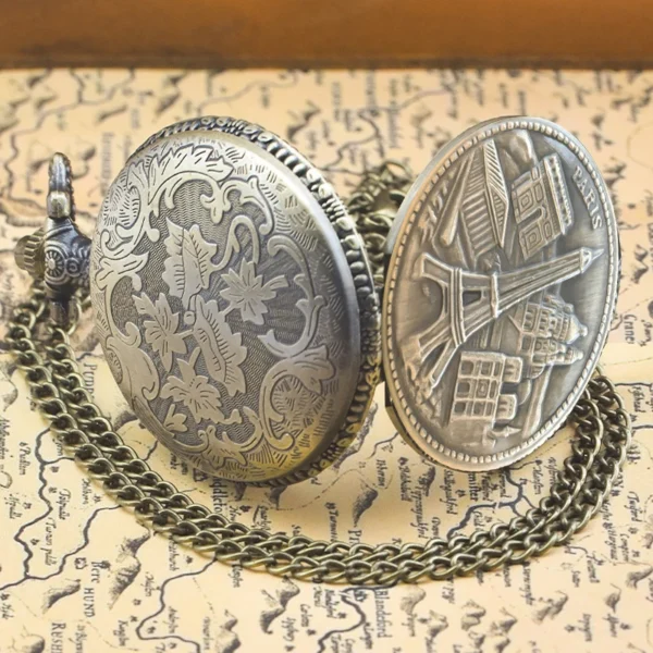 Taschenuhr Paris-Eiffelturm-Motiv-Bronze-Kette – Bild 5