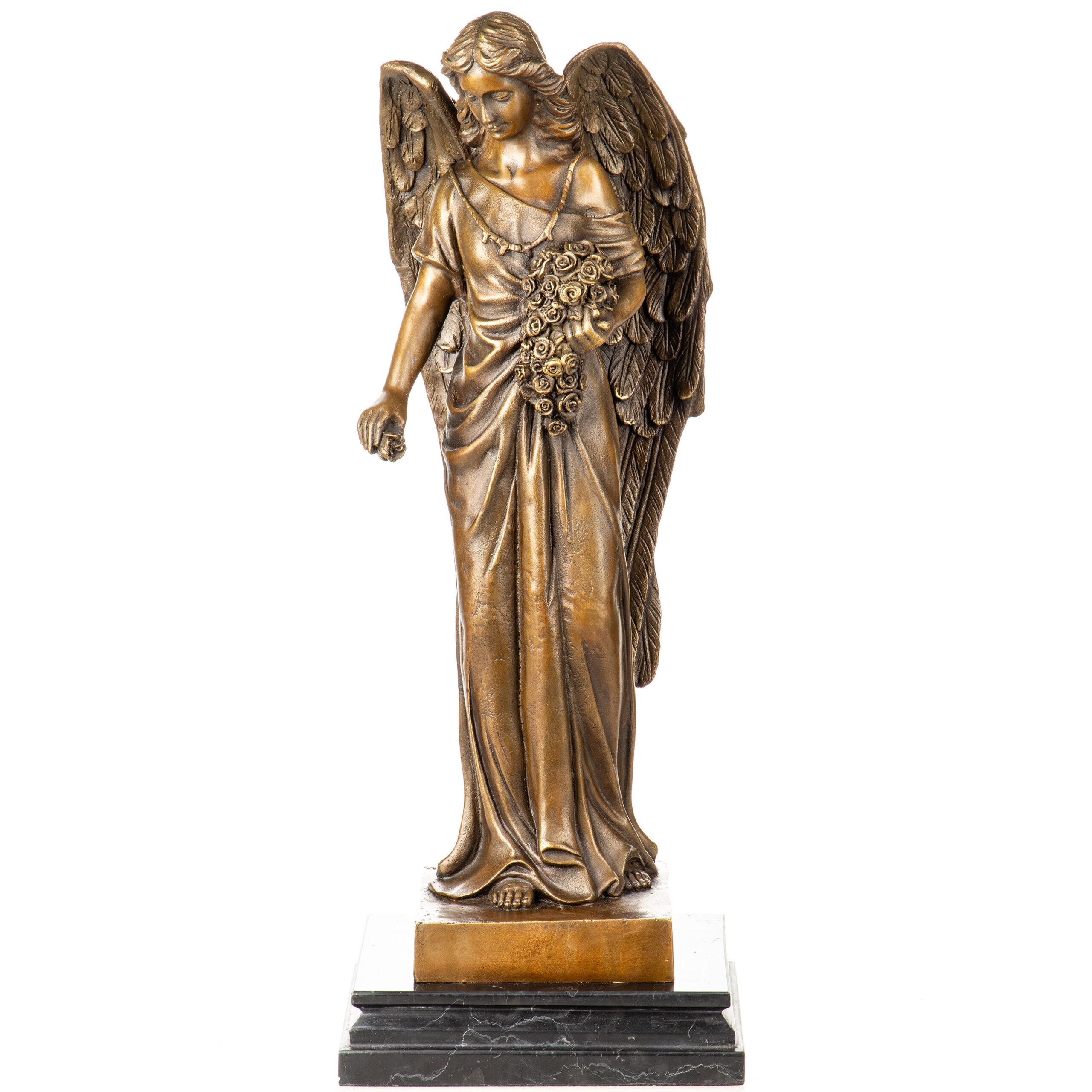 Anmutige Bronzefigur "Engel der Rosen" auf edlem Marmorsockel