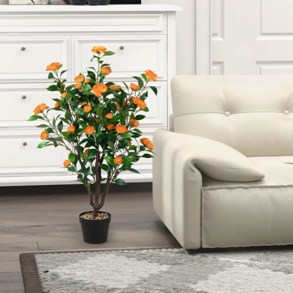 Künstlicher Kamelien-Baum– mit 37 orangen Blüten aus Seide – Bild 3