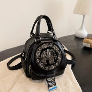 Schwarzer Vintage-Rucksack mit glitzernder Elefanten-Verzierung – 3-in-1 Tasche