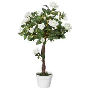 Künstlicher Rosenbaum (90 cm) – mit 21 weißen Blüten, im Topf
