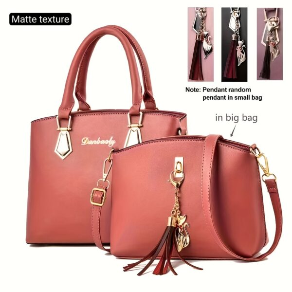 Elegantes 2-teiliges Handtaschen-Set mit Katzen-Anhänger – Bild 3
