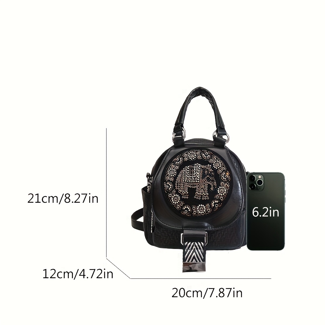 Schwarzer Vintage-Rucksack mit glitzernder Elefanten-Verzierung – 3-in-1 Tasche