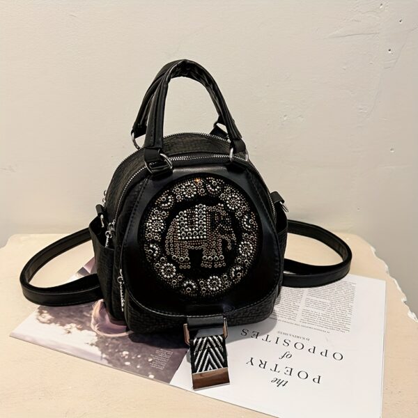 Schwarzer Vintage-Rucksack mit glitzernder Elefanten-Verzierung – 3-in-1 Tasche – Bild 5