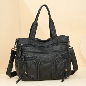 Große schwarze Vintage-Handtasche für Damen – Geräumiger Shopper aus weichem Kunstleder
