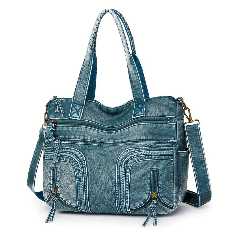 Große blaue Vintage-Handtasche für Damen – Geräumiger Shopper aus weichem Kunstleder