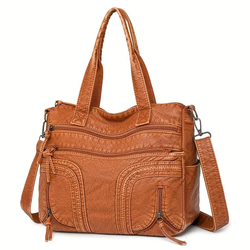 Große braune Vintage-Handtasche für Damen – Geräumiger Shopper aus weichem Kunstleder