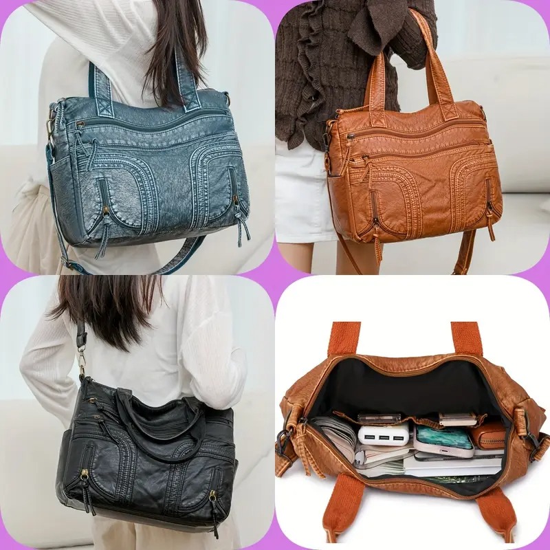 Große schwarze Vintage-Handtasche für Damen – Geräumiger Shopper aus weichem Kunstleder