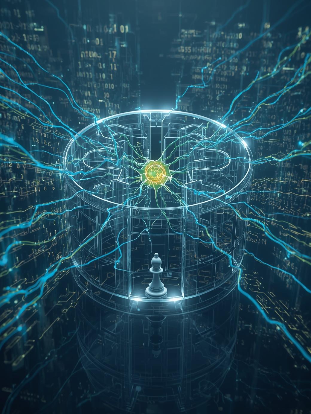 Surreales Bild eines menschlichen Auges, dessen Iris die Erde ist und von einem digitalen Netz überzogen wird